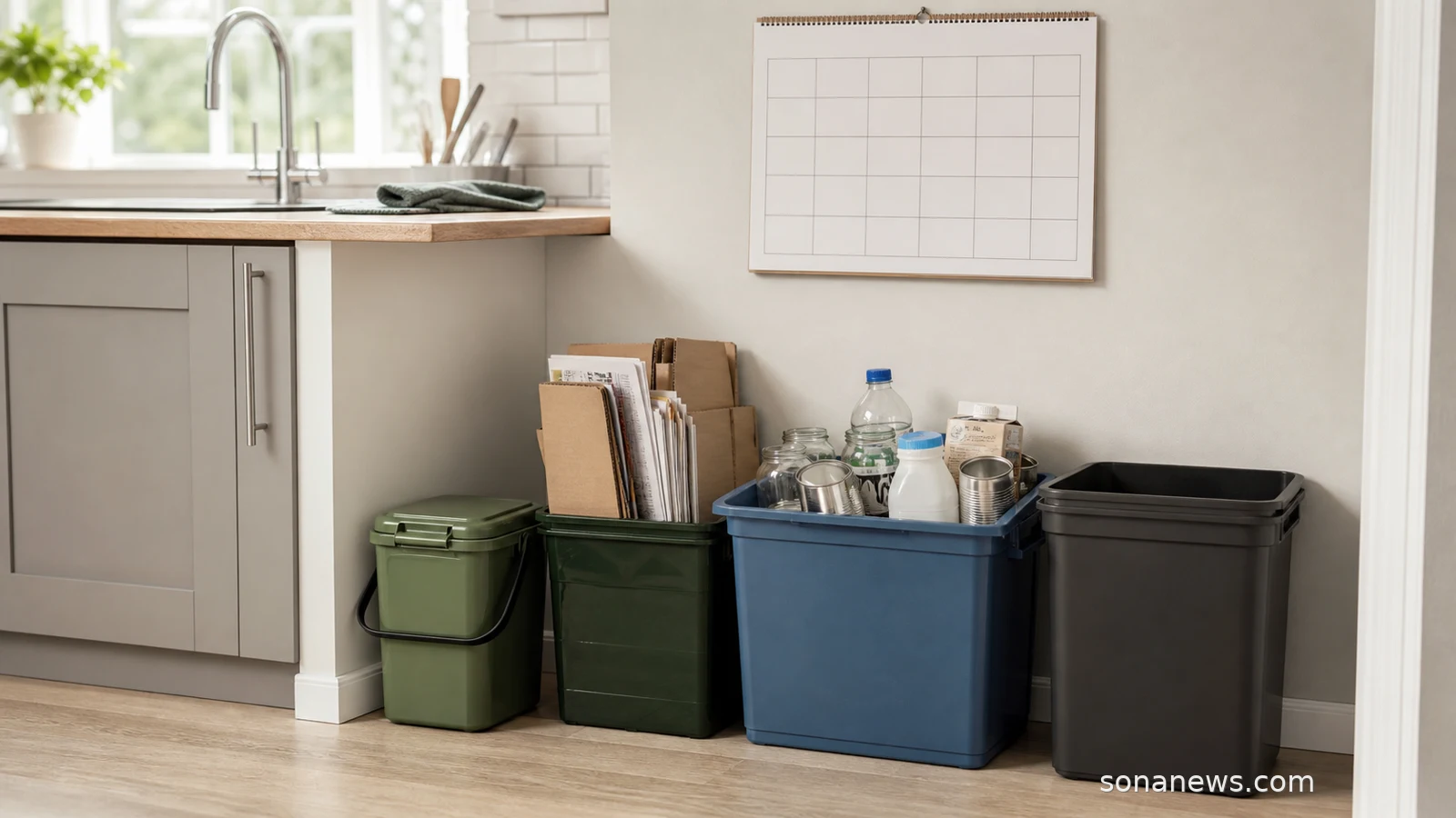 Kitchen recycling station with a food caddy, stacked paper and mixed containers for England's Simpler Recycling bin-day routine.