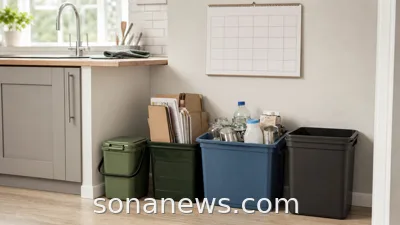Kitchen recycling station with a food caddy, stacked paper and mixed containers for England's Simpler Recycling bin-day routine.
