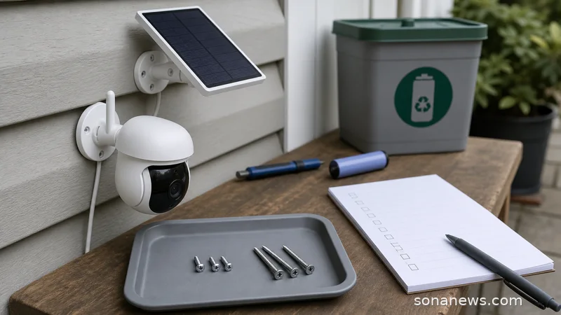 An outdoor solar security camera on a workbench beside two different screw lengths for a recall safety check.