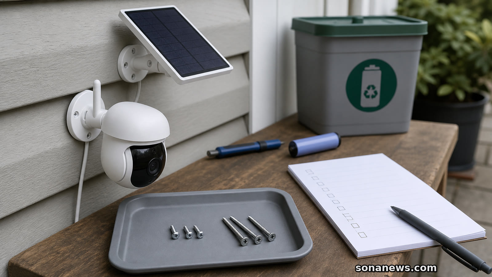 An outdoor solar security camera on a workbench beside two different screw lengths for a recall safety check.