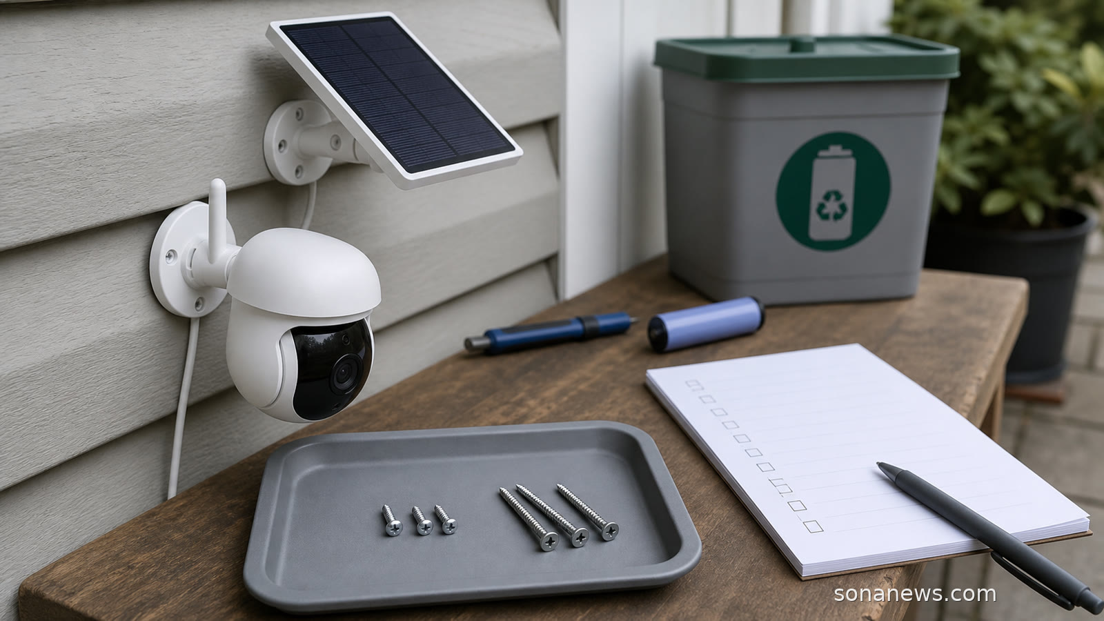 An outdoor solar security camera on a workbench beside two different screw lengths for a recall safety check.