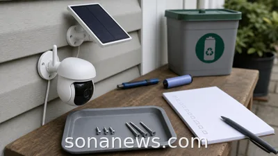 An outdoor solar security camera on a workbench beside two different screw lengths for a recall safety check.