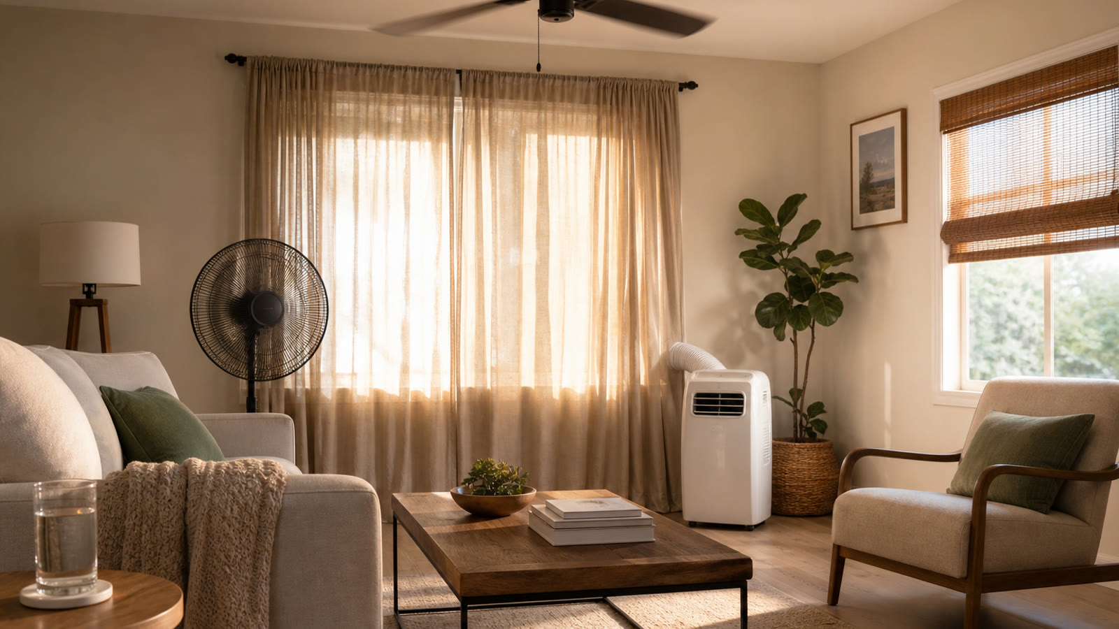 A calm living room with curtains partly closed, a fan and a compact air conditioner set up for summer cooling.