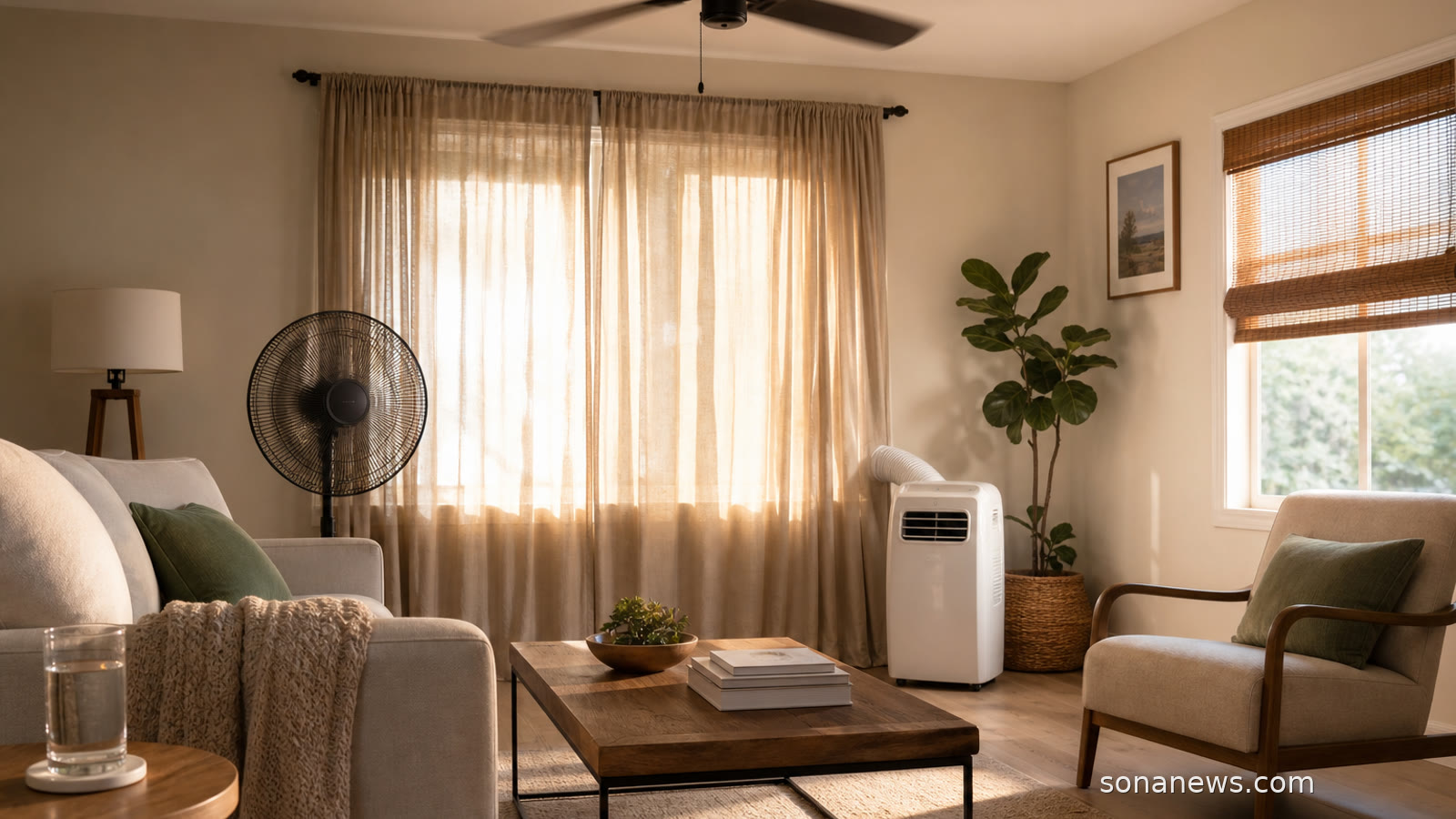 Living room with closed curtains, fan and compact air conditioner, illustrating summer cooling plans and home heat management.