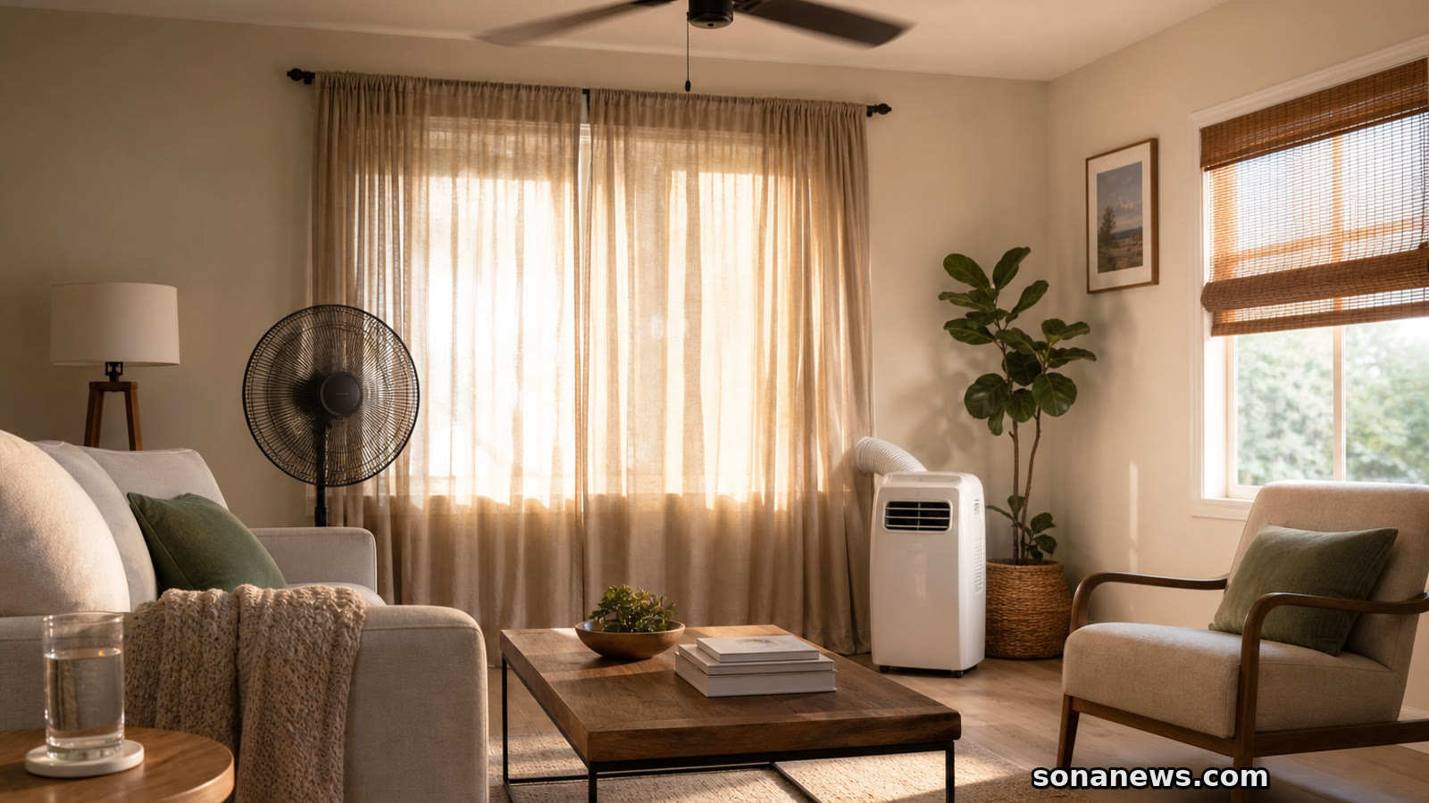 Living room with closed curtains, fan and compact air conditioner, illustrating summer cooling plans and home heat management.