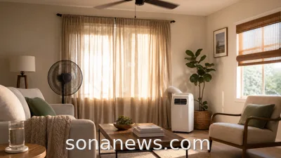 Living room with closed curtains, fan and compact air conditioner, illustrating summer cooling plans and home heat management.