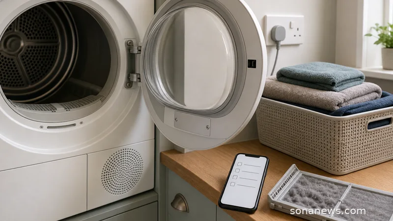 Utility room with an open tumble dryer, cleaned lint filter and phone checklist for an appliance safety recall.