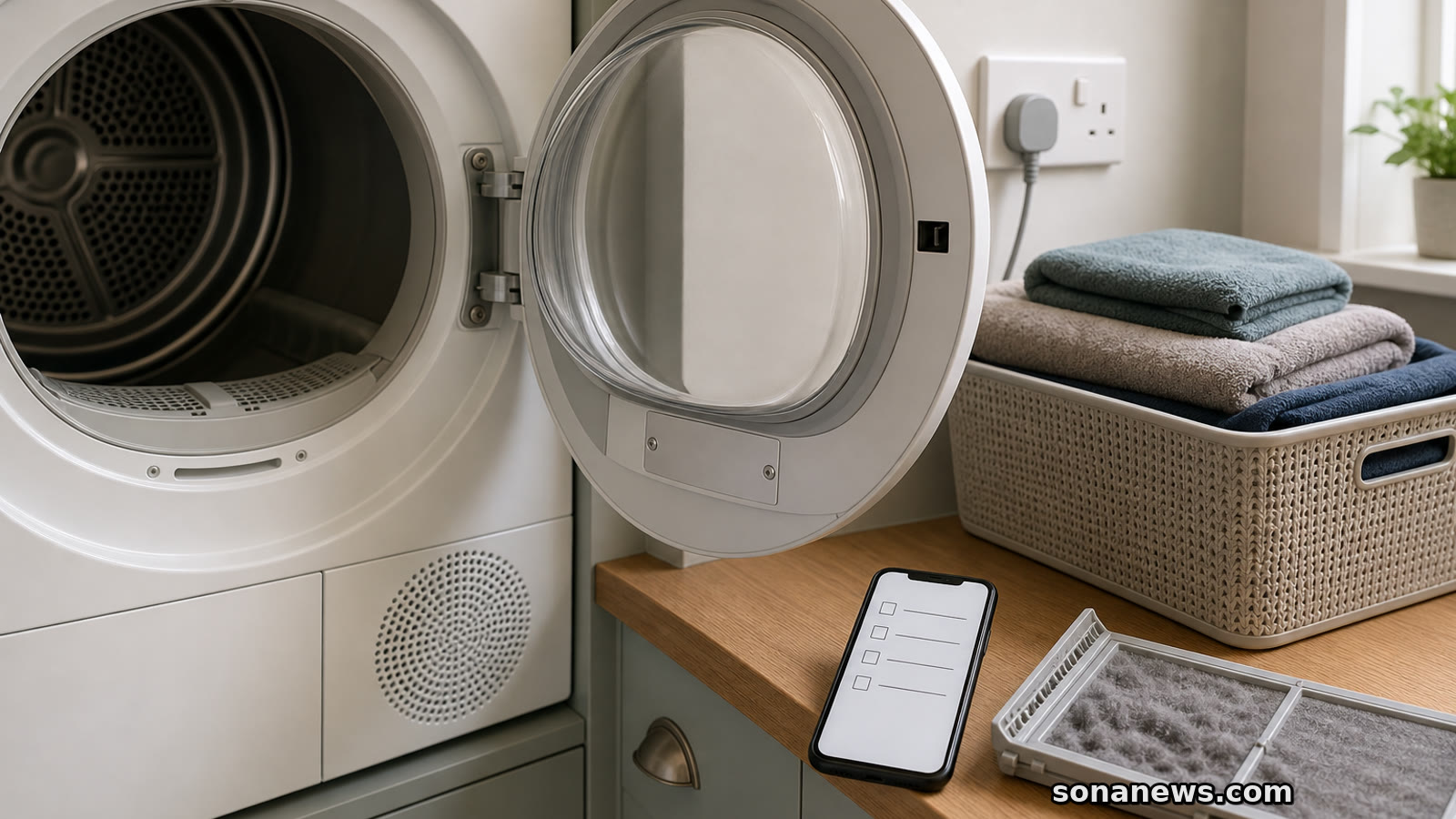 Utility room with an open tumble dryer, cleaned lint filter and phone checklist for an appliance safety recall.
