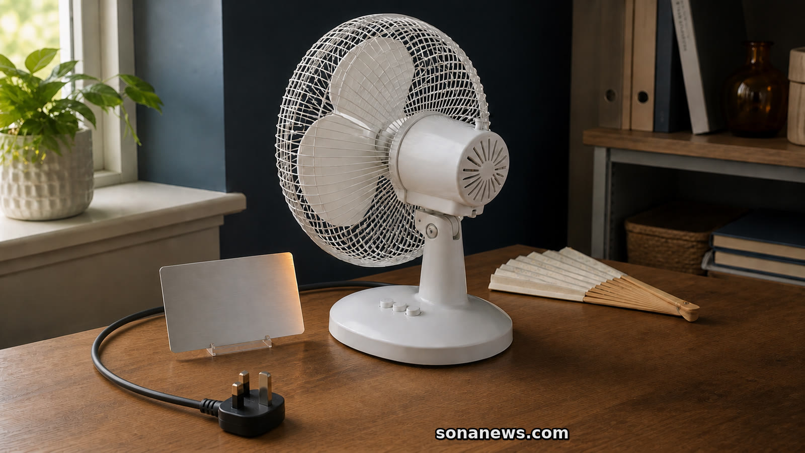 Unplugged UK plug beside a compact white table fan and blank rating plate, illustrating the B&Q table fan recall.