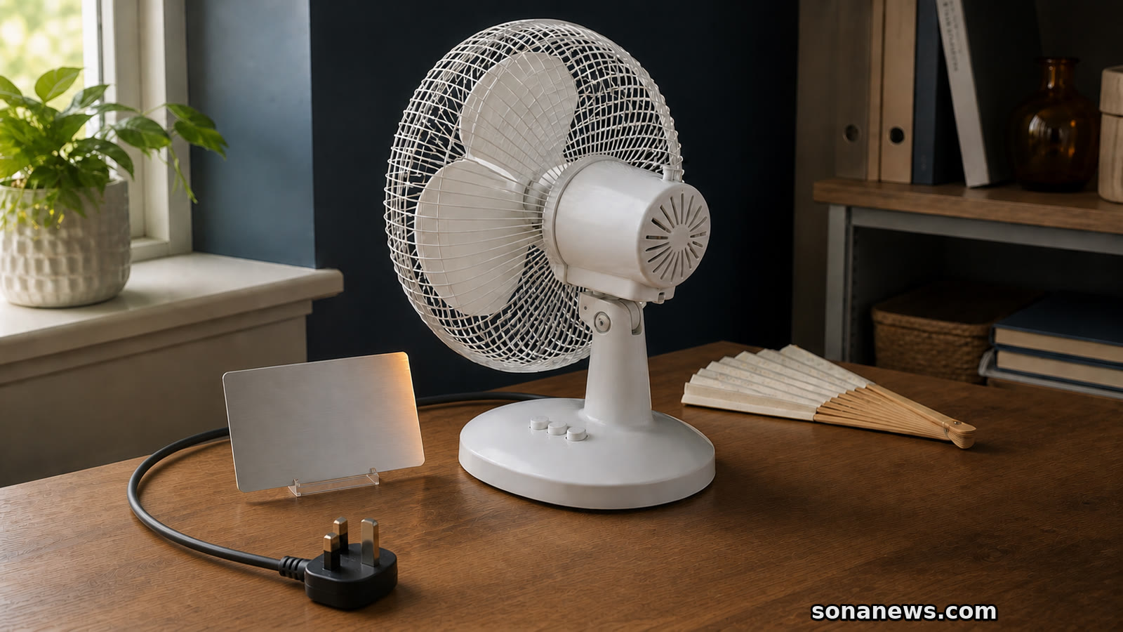 Unplugged UK plug beside a compact white table fan and blank rating plate, illustrating the B&Q table fan recall.