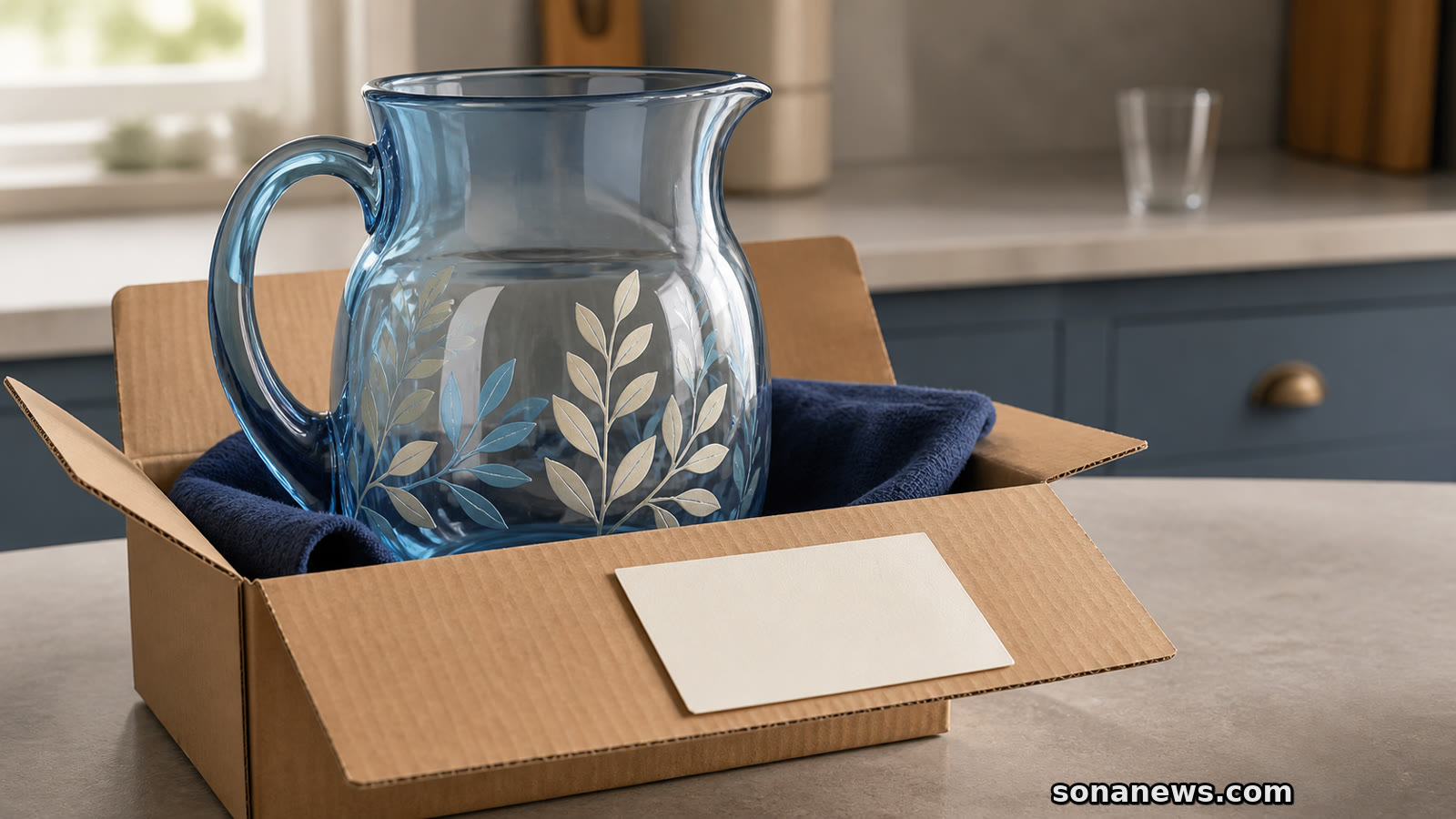Blue-tinted leaf-painted glass jug standing in an open return box, illustrating the UK M&S hand-painted jug recall.