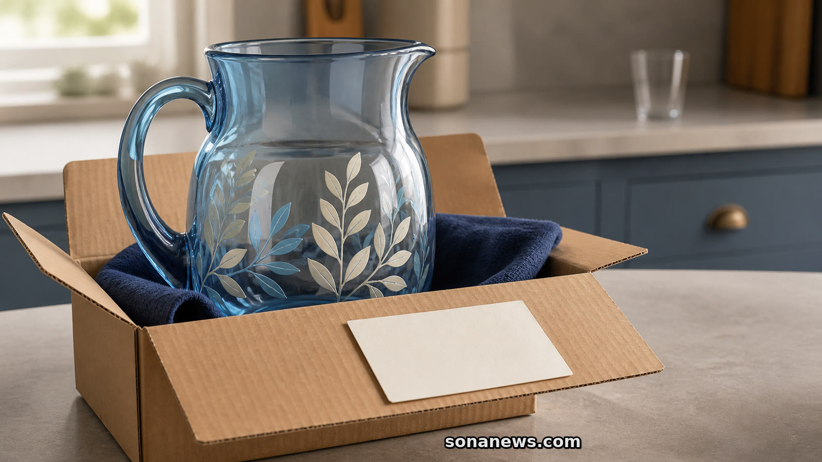 Blue-tinted leaf-painted glass jug standing in an open return box, illustrating the UK M&S hand-painted jug recall.