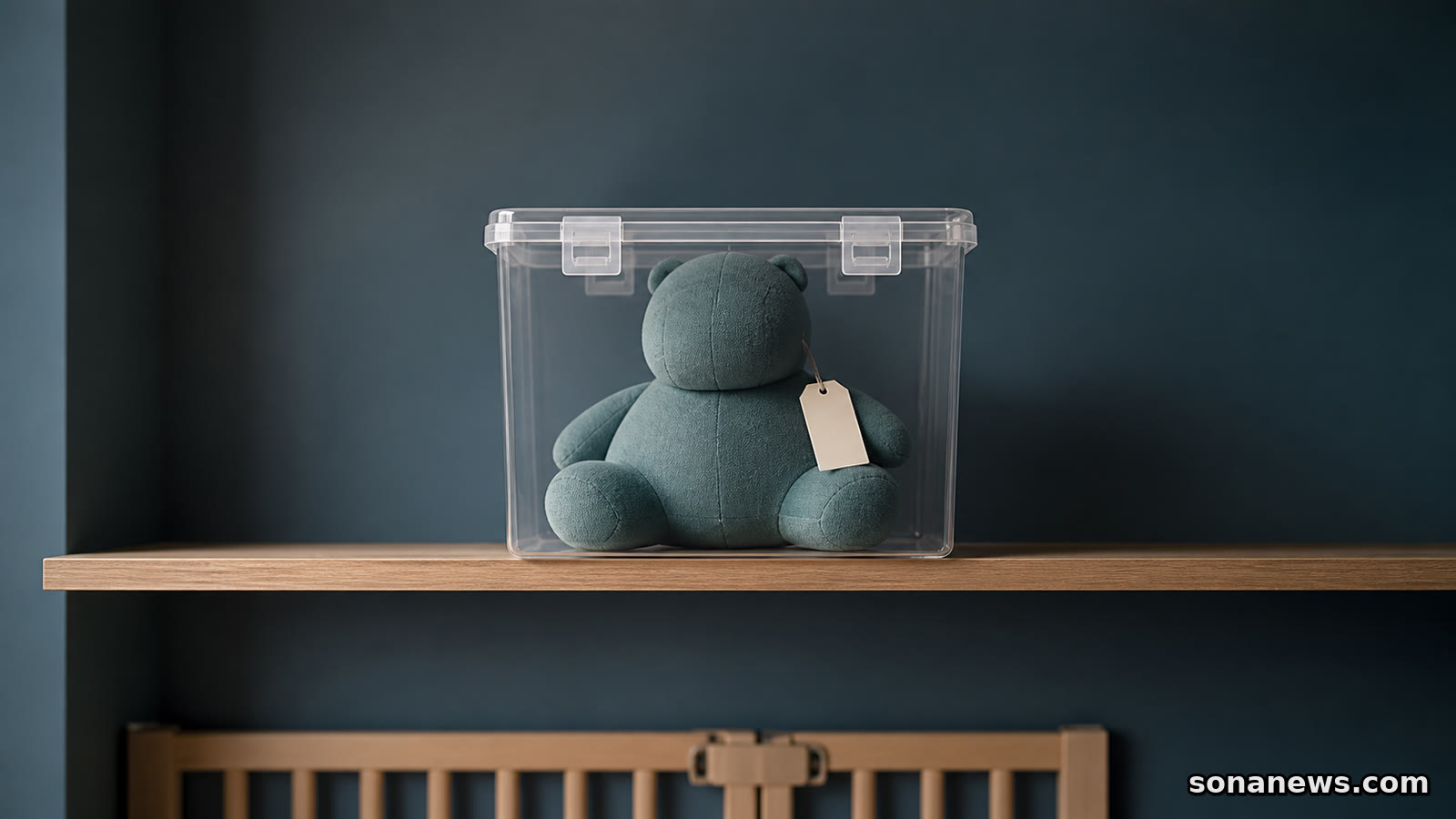 A generic weighted stuffed toy stored in a latched clear box on a high shelf above a child gate.