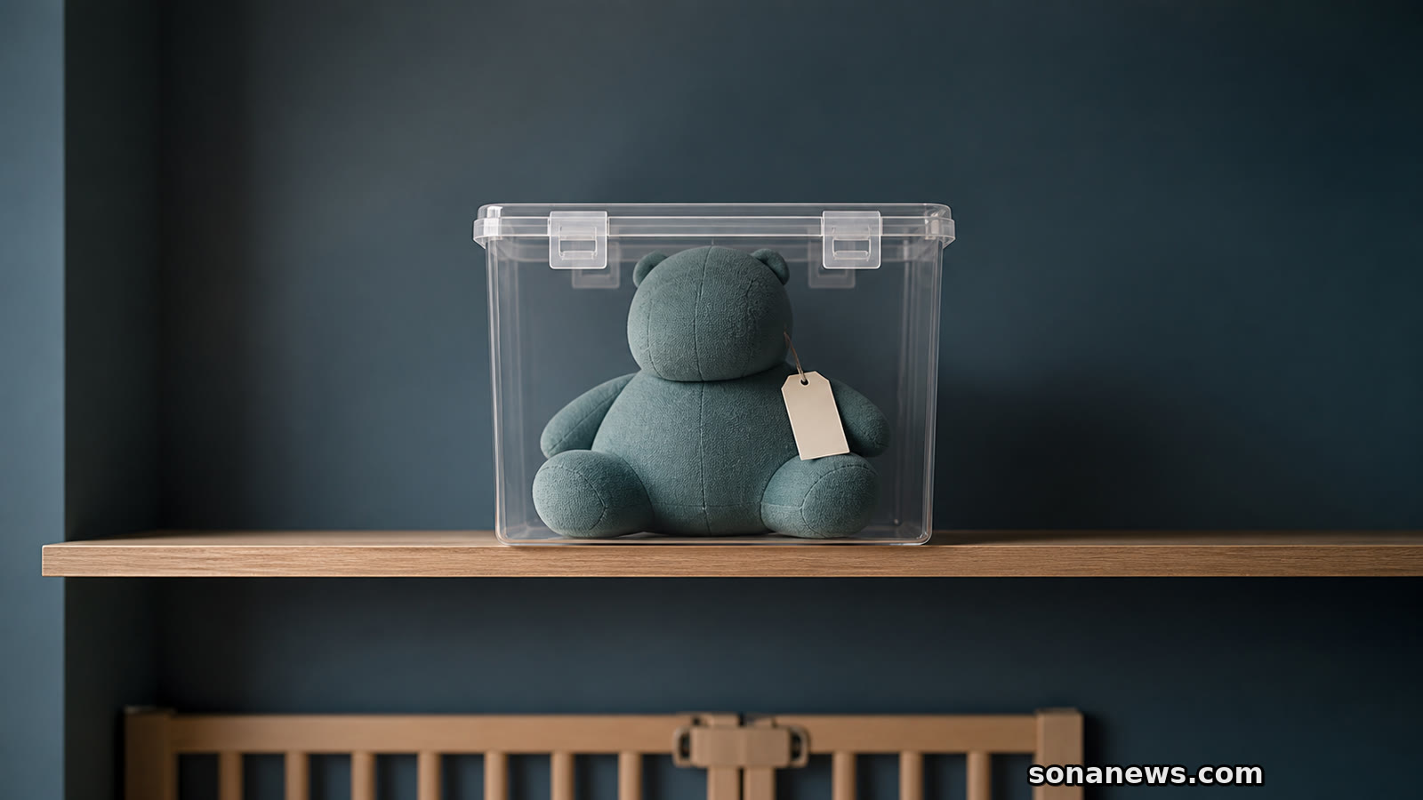 A generic weighted stuffed toy stored in a latched clear box on a high shelf above a child gate.