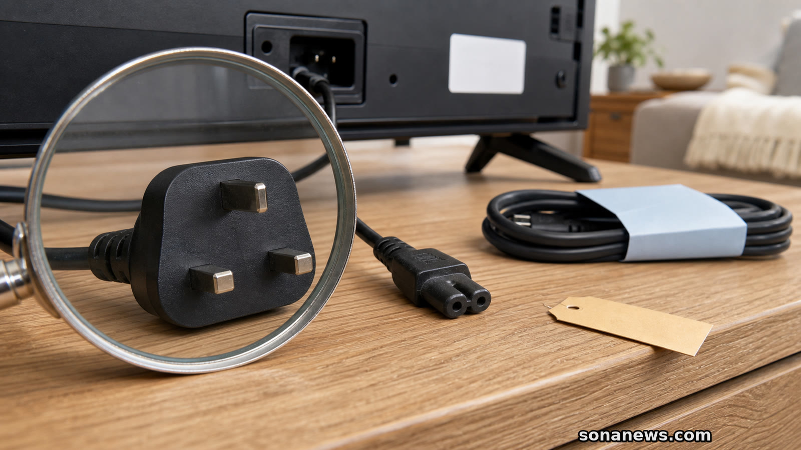 UK three-pin television plug and replacement cable arranged for a fuse safety check beside an unbranded TV.