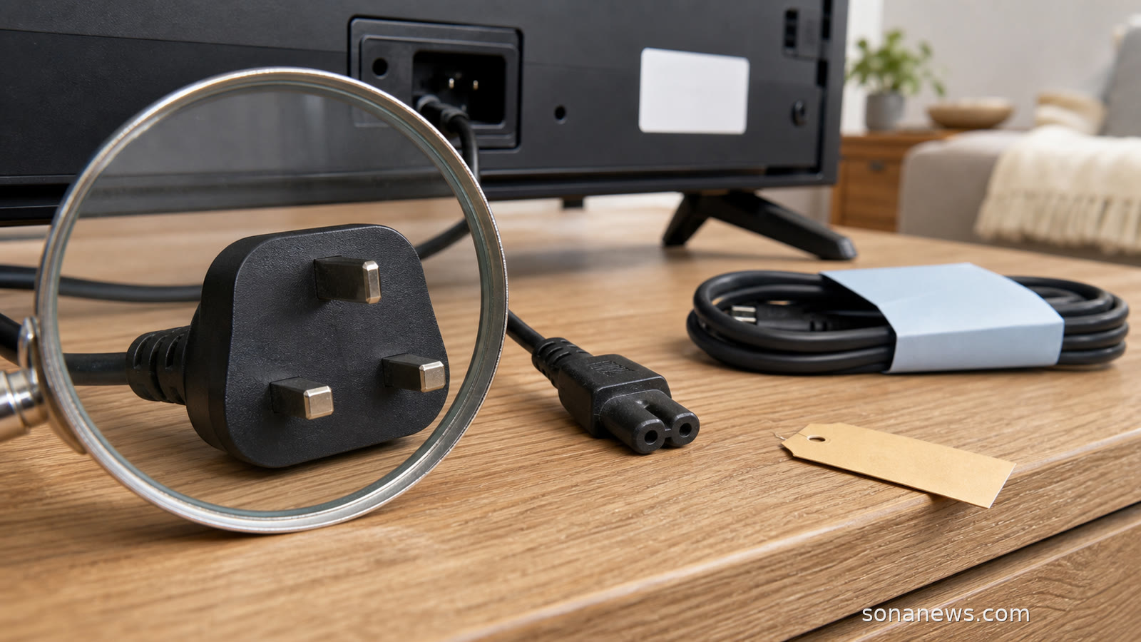 UK three-pin television plug and replacement cable arranged for a fuse safety check beside an unbranded TV.