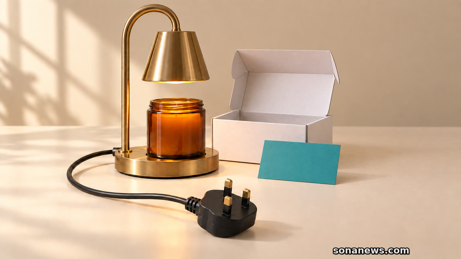 Conceptual gold candle-warmer lamp, unplugged UK three-pin plug and blank order card beside a parcel.