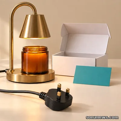 Conceptual gold candle-warmer lamp, unplugged UK three-pin plug and blank order card beside a parcel.