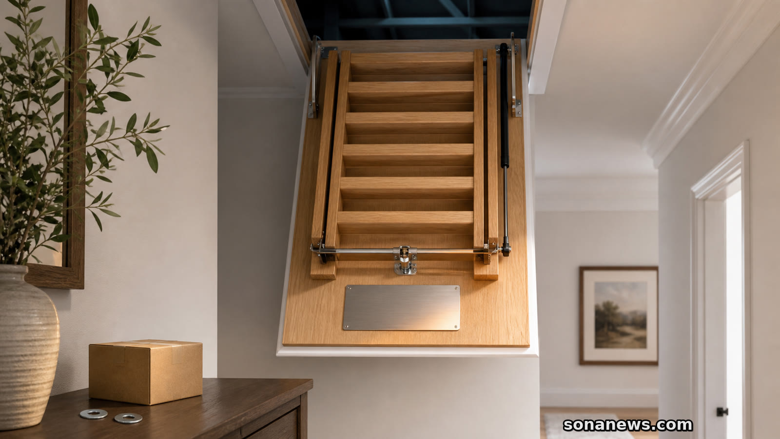 Folded pull-down attic stairway with a gas strut, blank model plate and repair box, illustrating the U.S. and Canadian recall.