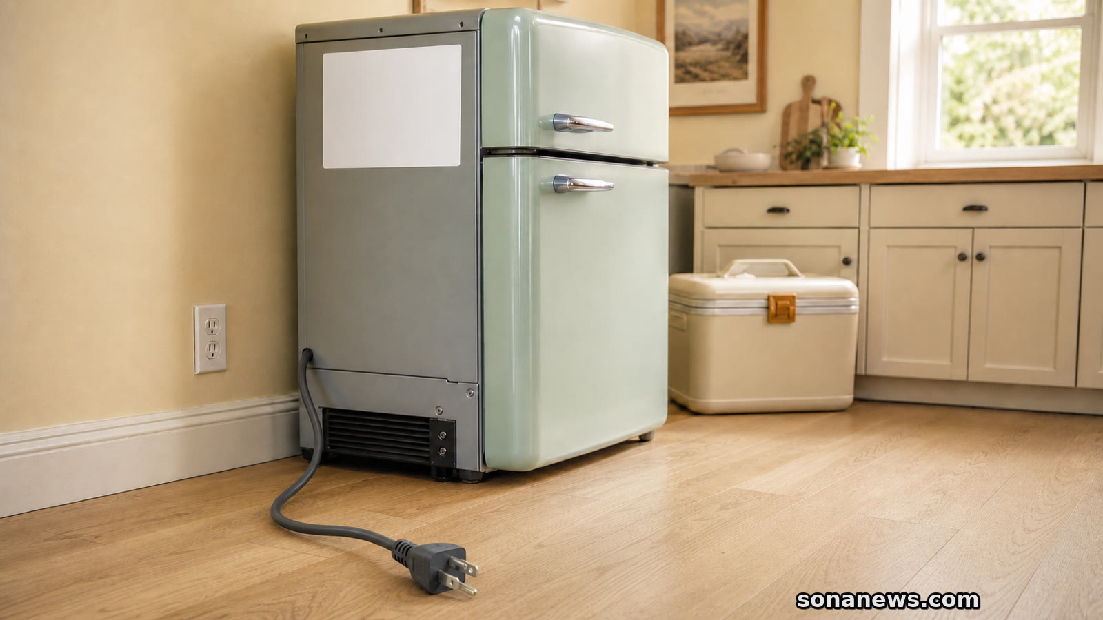 Unplugged refrigerator plug leading to a blank back label on a retro fridge beside a cooler for the U.S. Galanz recall.