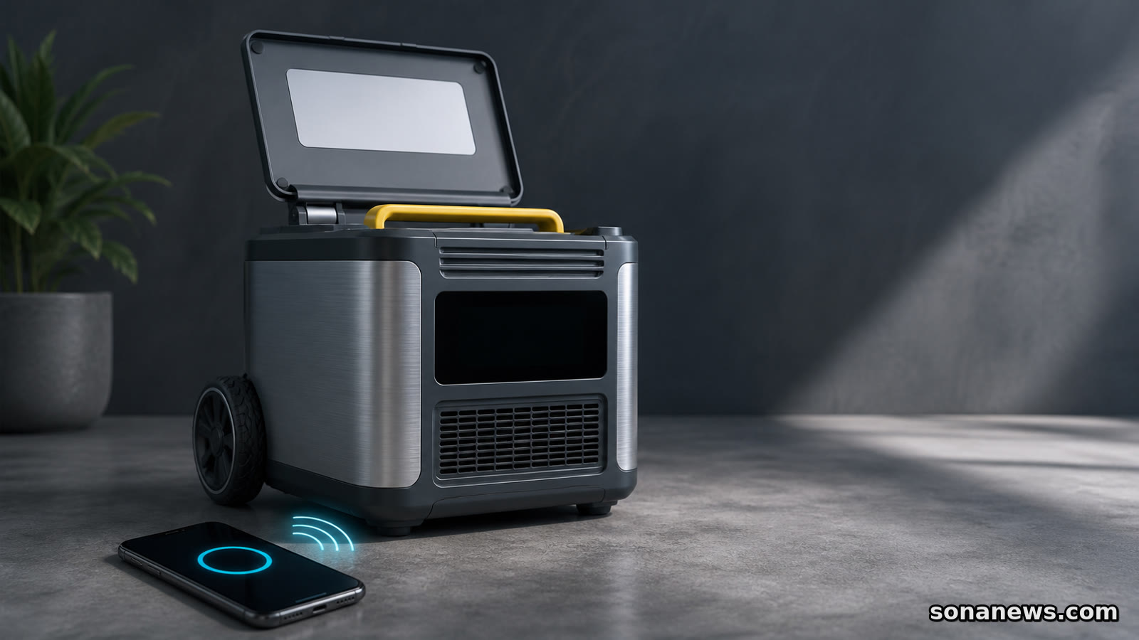 Unbranded wheeled portable power station beside a phone with an abstract update ring, illustrating the U.S. YETI 3000X recall.