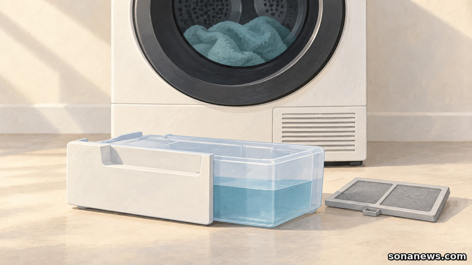 Conceptual illustration of a heat-pump tumble dryer with a removable water tank and lint filter arranged in front.