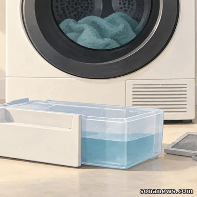 Conceptual illustration of a heat-pump tumble dryer with a removable water tank and lint filter arranged in front.