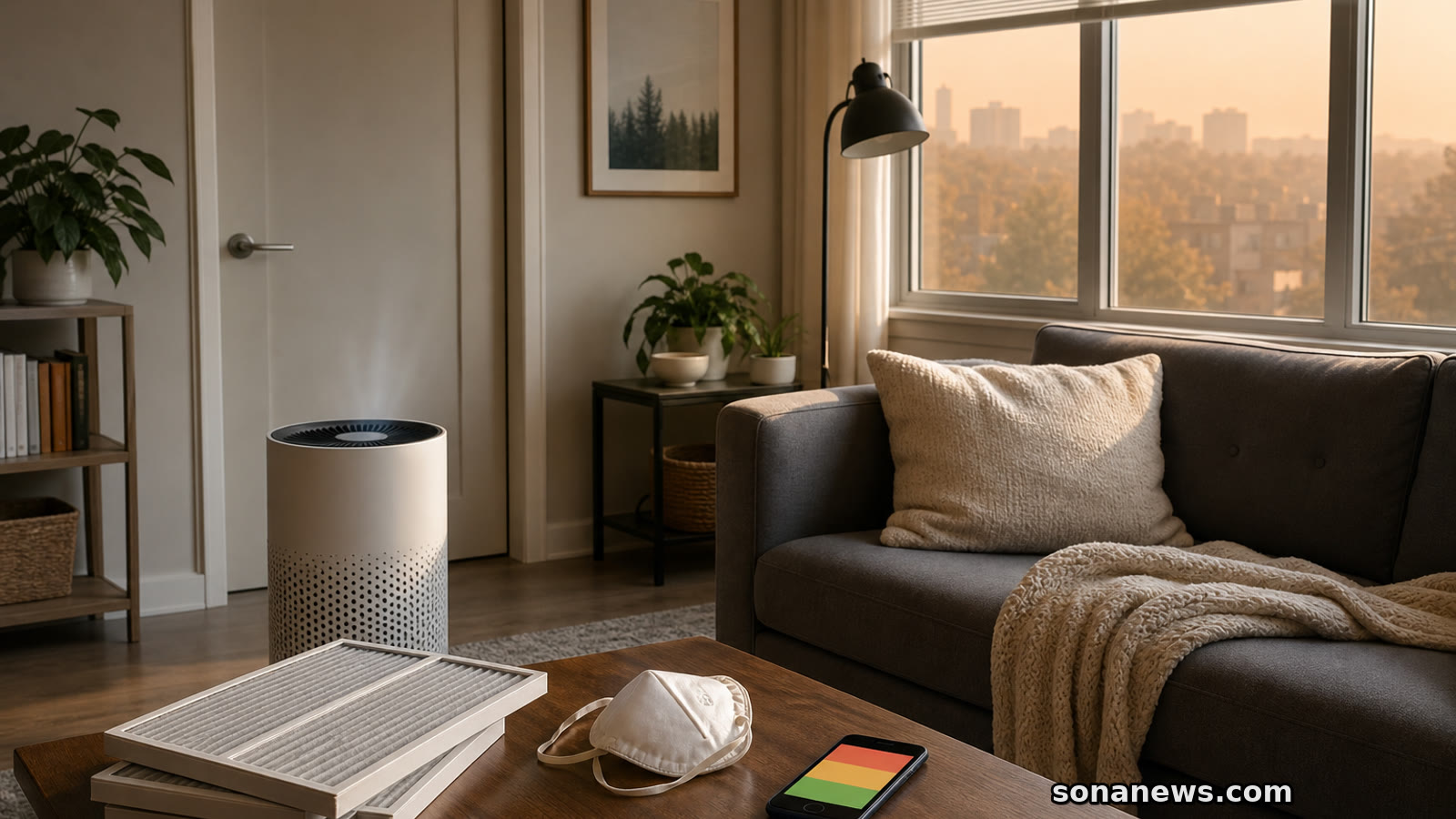 Living room with closed windows, portable air purifier and spare filters prepared for a wildfire smoke clean-air room.