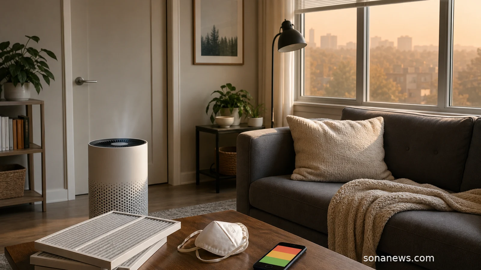 Living room with closed windows, portable air purifier and spare filters prepared for a wildfire smoke clean-air room.