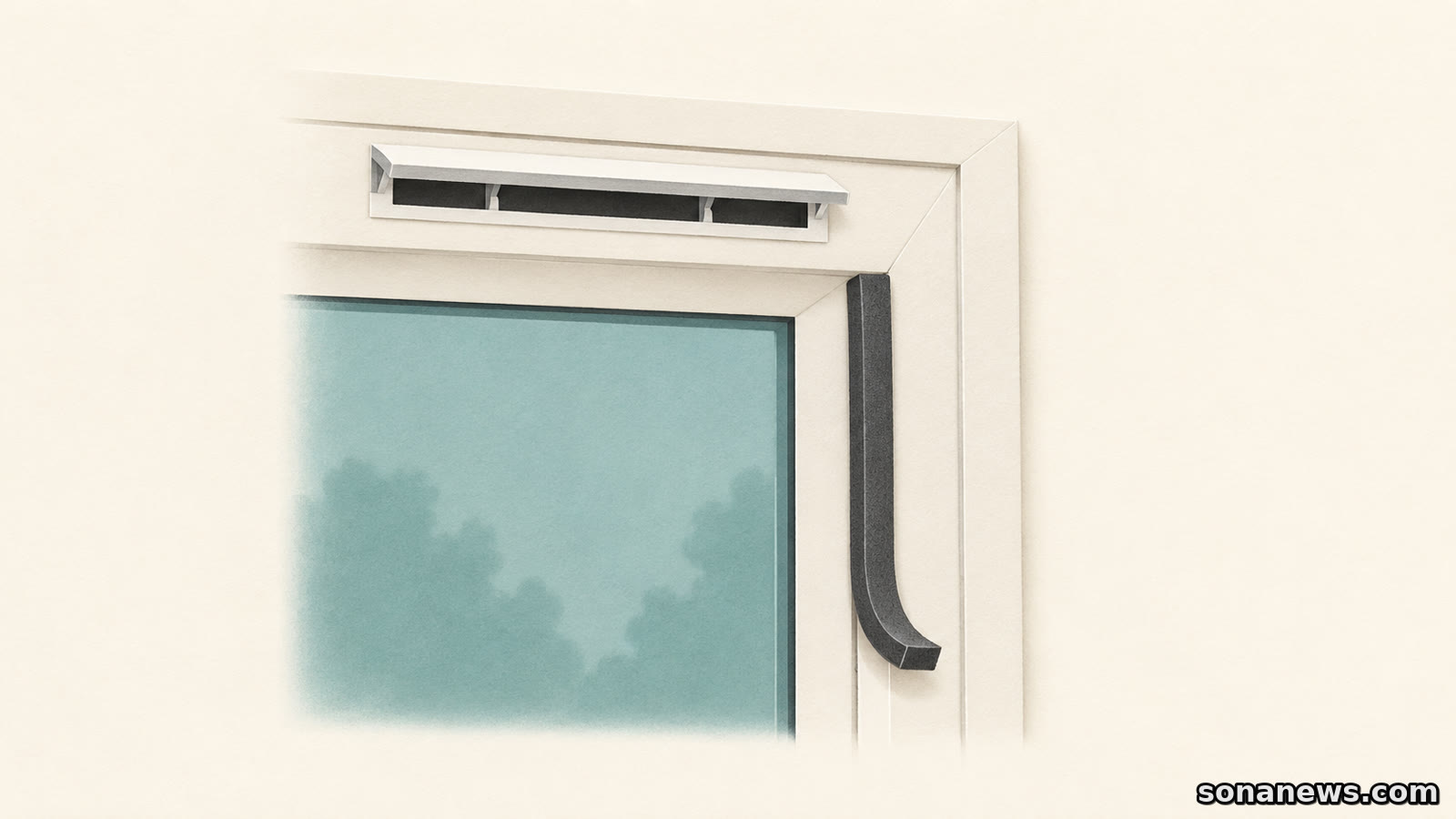 Illustration of a window perimeter seal and an unobstructed trickle vent, distinguishing draught-proofing from deliberate ventilation.