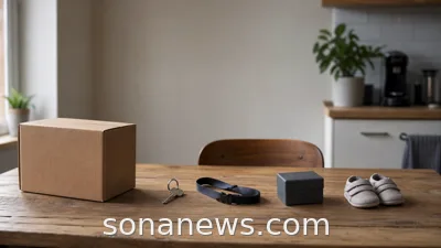 Moving box, apartment key, blank work lanyard, closed ring box and baby shoes for an adulthood checklist article.