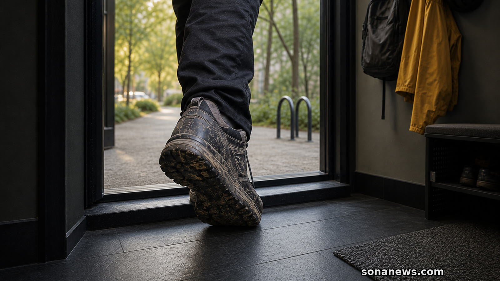 A mud-streaked walking shoe crosses a home threshold towards an urban greenway while clean outdoor gear hangs unused.