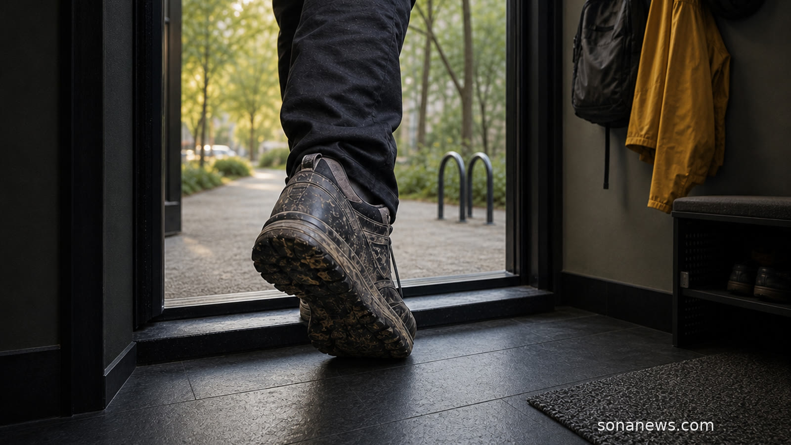 A mud-streaked walking shoe crosses a home threshold towards an urban greenway while clean outdoor gear hangs unused.
