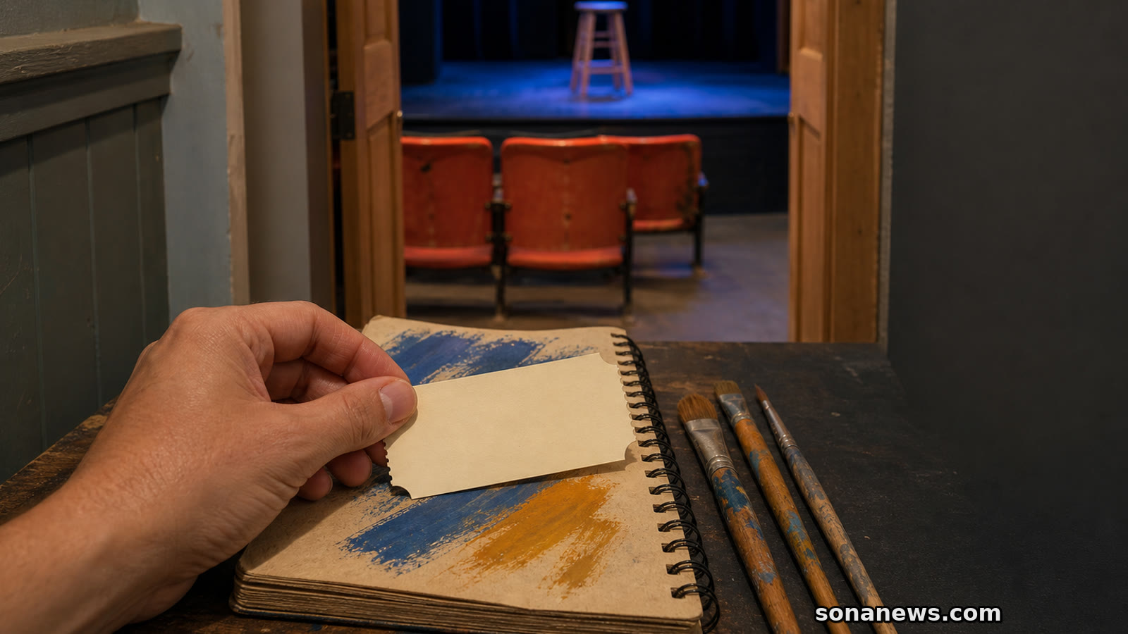 A hand holds a blank ticket over a painted sketchbook beside an open doorway to a small theater.