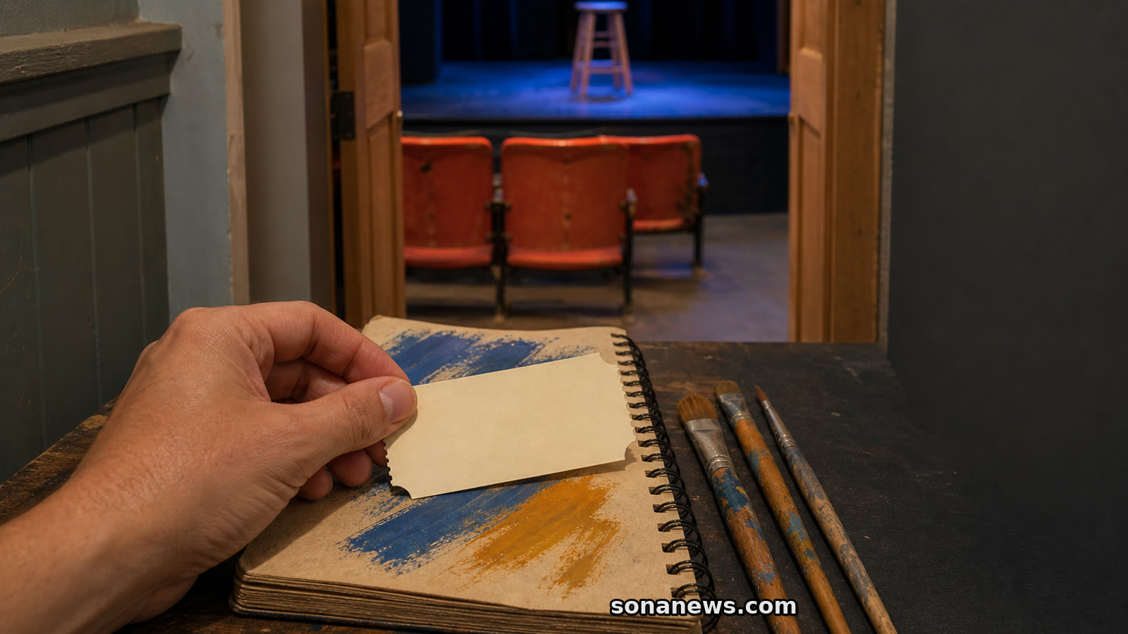 A hand holds a blank ticket over a painted sketchbook beside an open doorway to a small theater.