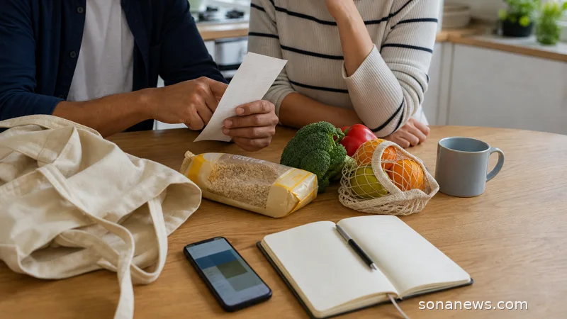 Adults comparing a receipt, own-label groceries and a phone at a kitchen table for a bargain hunting article.
