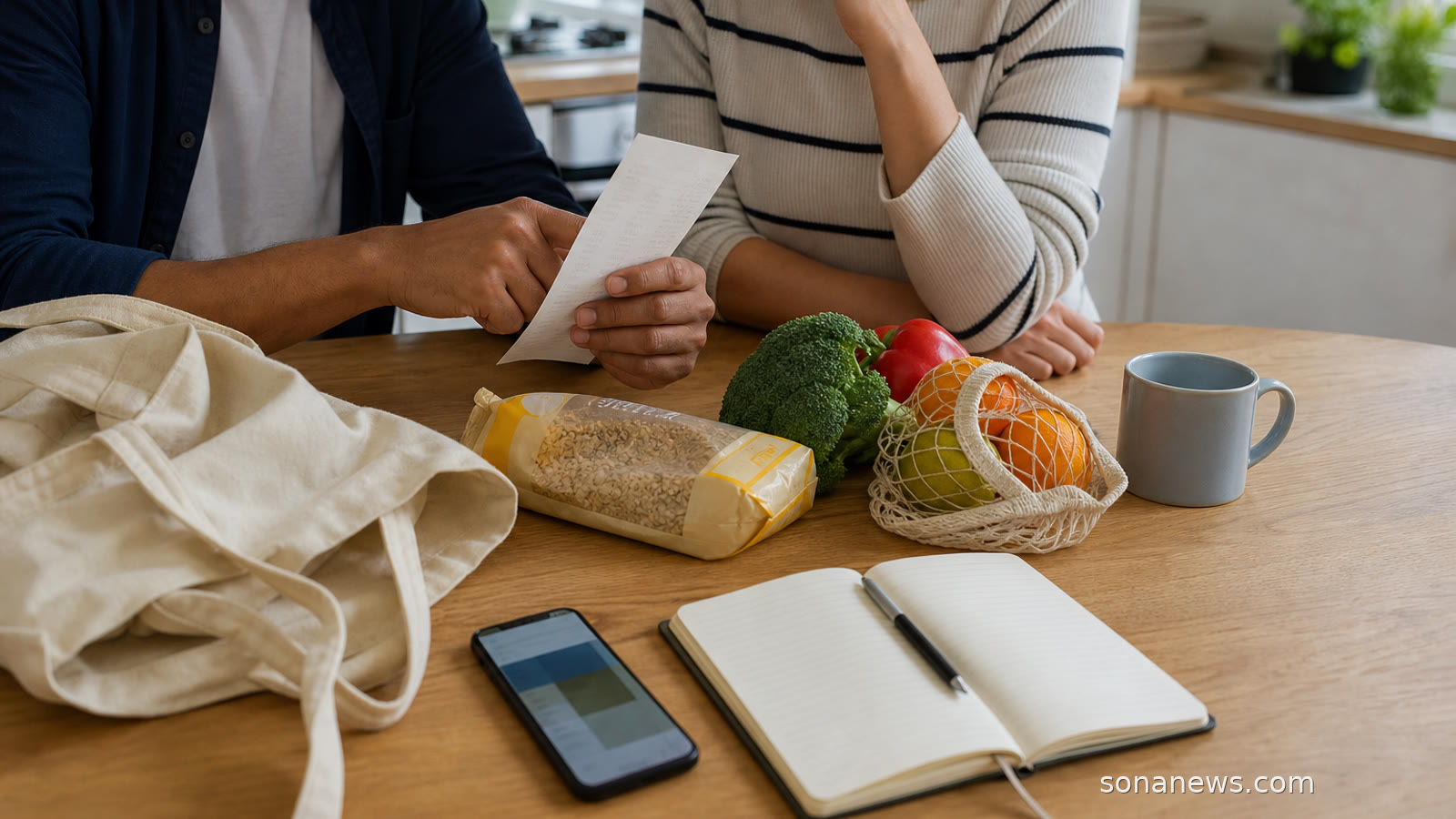 Adults comparing a receipt, own-label groceries and a phone at a kitchen table for a bargain hunting article.
