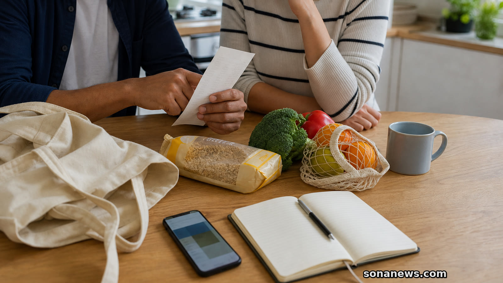 Adults comparing a receipt, own-label groceries and a phone at a kitchen table for a bargain hunting article.
