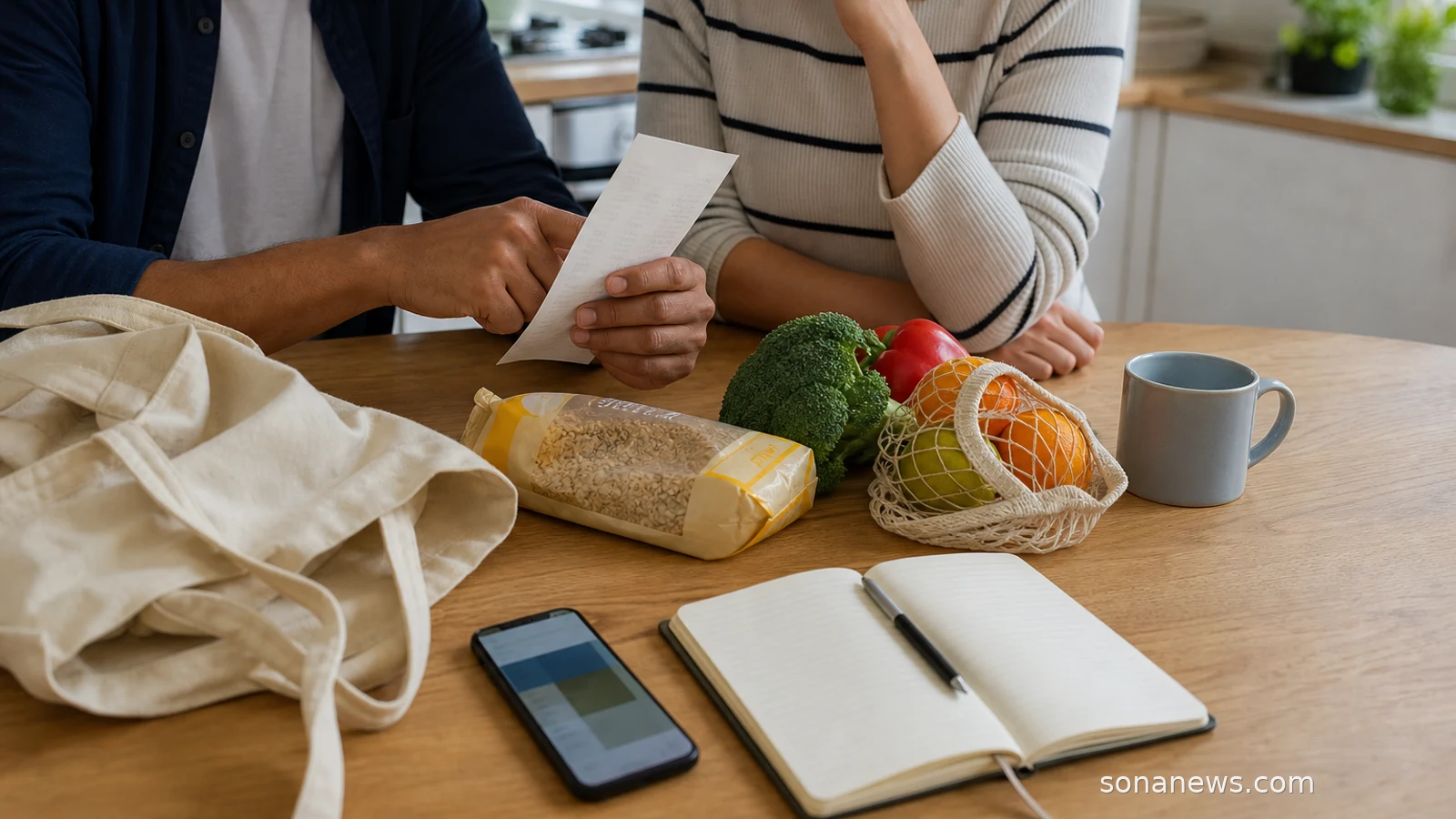 Adults comparing a receipt, own-label groceries and a phone at a kitchen table for a bargain hunting article.