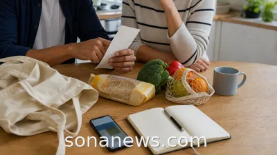 Adults comparing a receipt, own-label groceries and a phone at a kitchen table for a bargain hunting article.