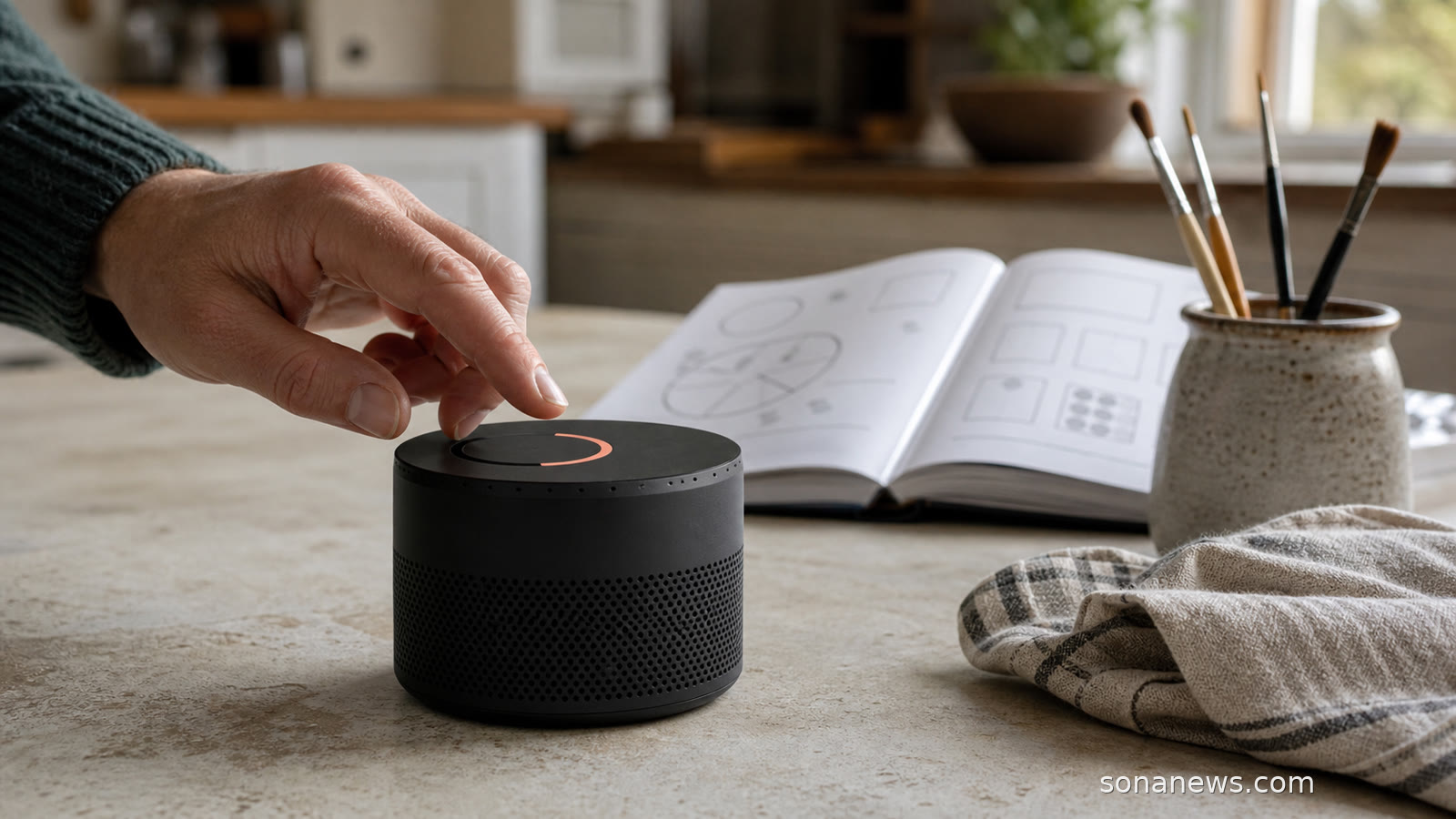 An adult hand pauses over an everyday AI speaker's privacy control beside learning and hobby materials on a kitchen table.