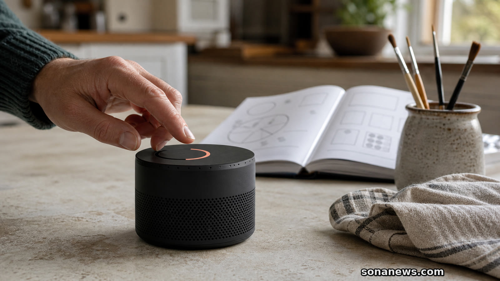 An adult hand pauses over an everyday AI speaker's privacy control beside learning and hobby materials on a kitchen table.