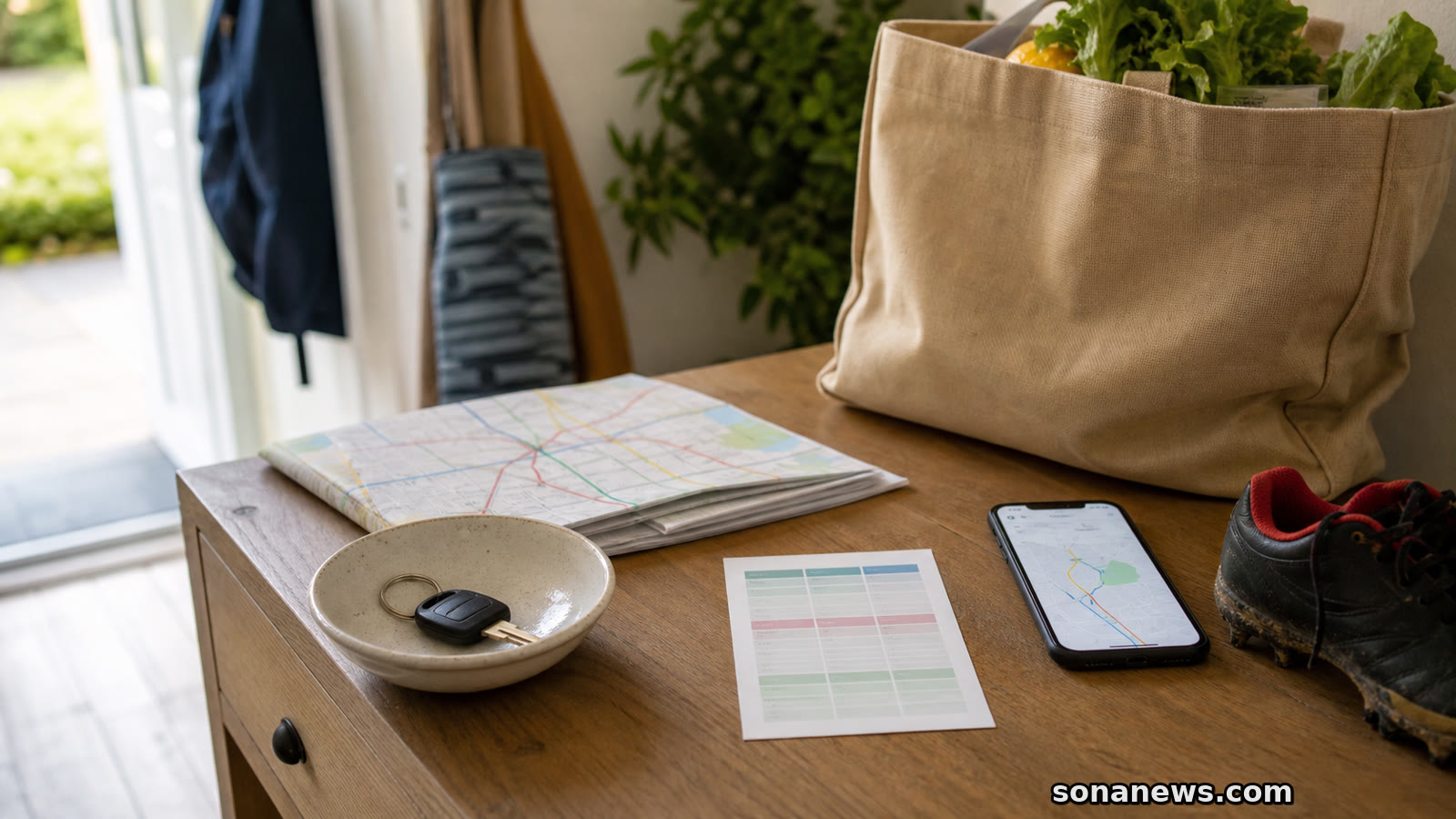 Car key beside a local route map, grocery bag and sports boot for a lifestyle article about car ownership.