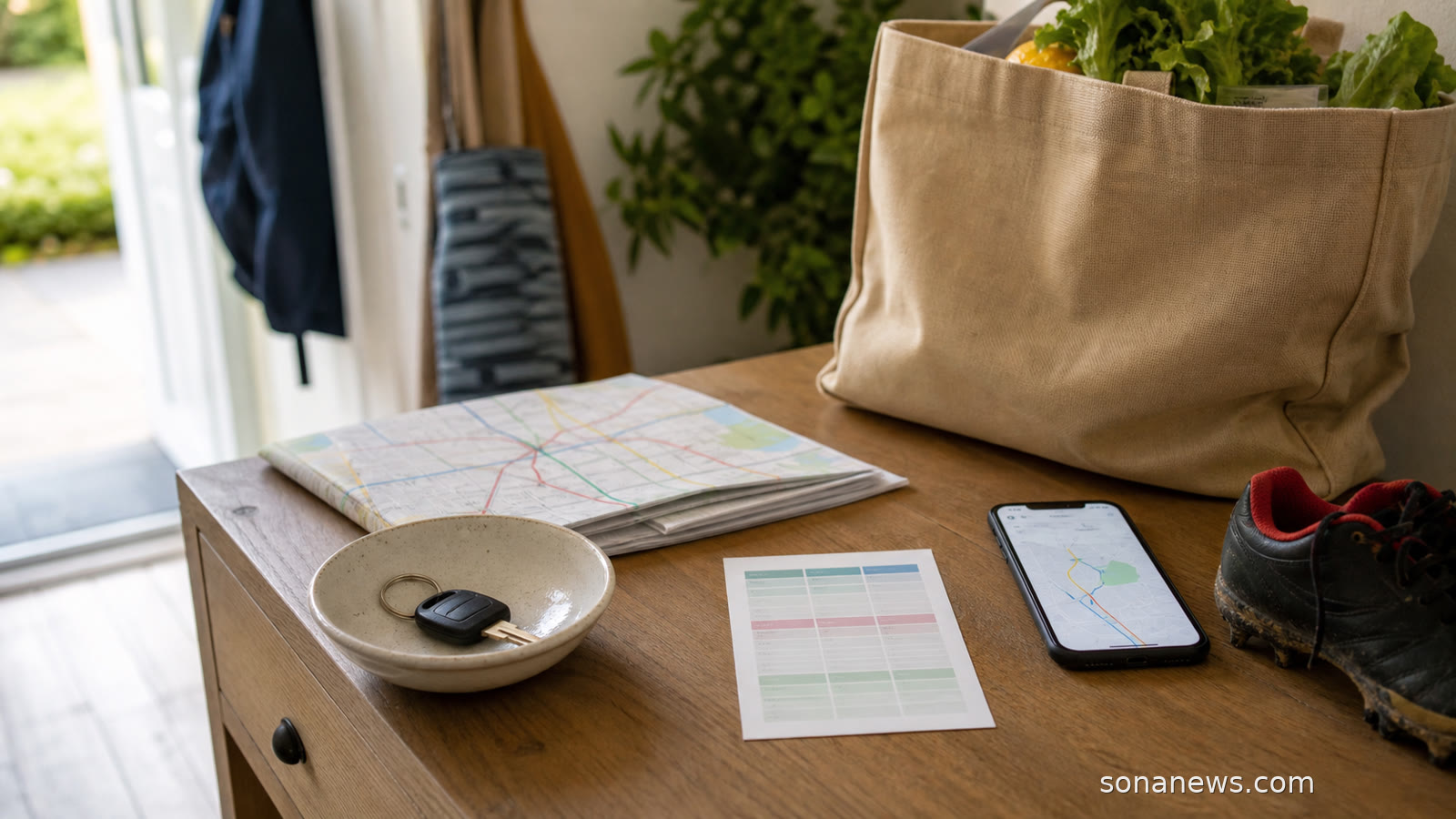 Car key beside a local route map, grocery bag and sports boot for a lifestyle article about car ownership.