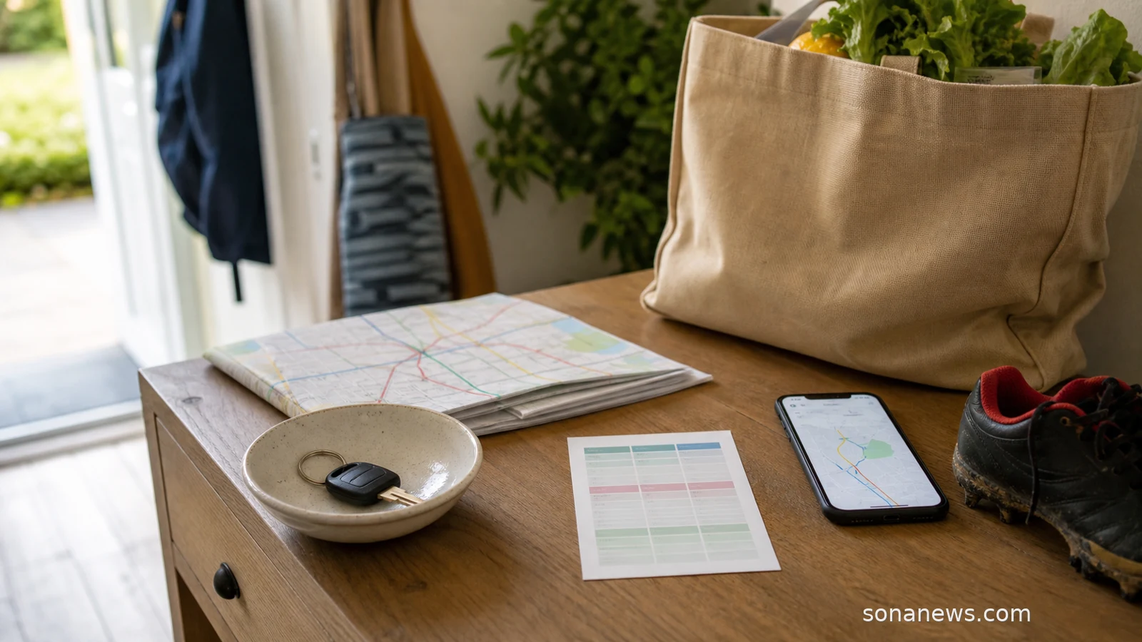 Car key beside a local route map, grocery bag and sports boot for a lifestyle article about car ownership.