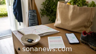 Car key beside a local route map, grocery bag and sports boot for a lifestyle article about car ownership.
