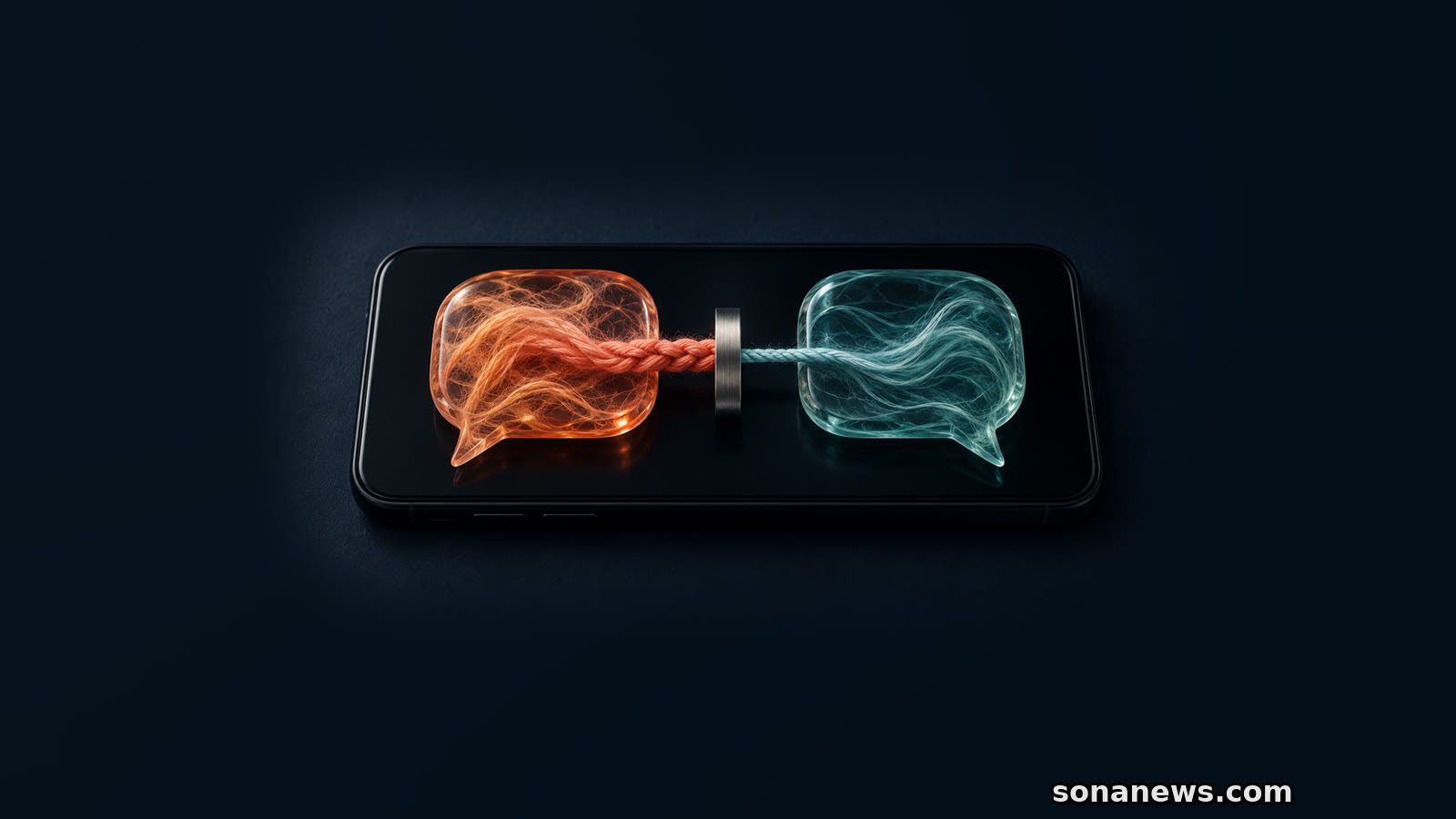Warm and cool speech bubbles link across a smartphone update threshold, illustrating a changed AI companion relationship.
