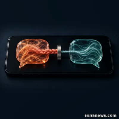 Warm and cool speech bubbles link across a smartphone update threshold, illustrating a changed AI companion relationship.