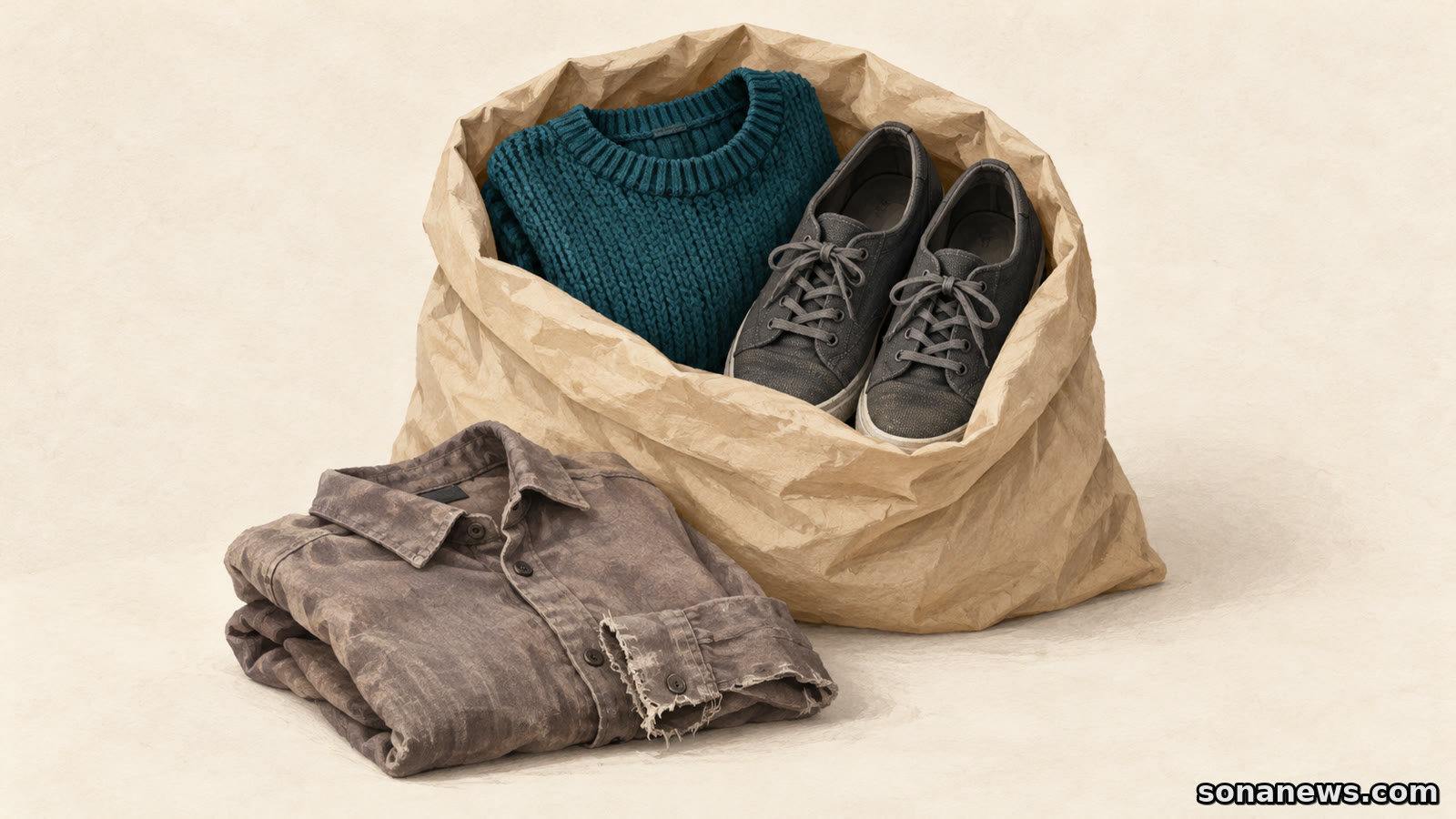 Illustration of a clothes donation bag holding a folded teal jumper and paired shoes, with a worn shirt set aside.