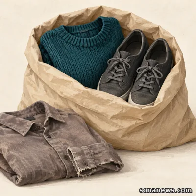 Illustration of a clothes donation bag holding a folded teal jumper and paired shoes, with a worn shirt set aside.